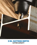 Evolution EVOMAG42 magnetic drilling system mounted on steel with 1-5/8 in drill bit and 2 in cutting depth.