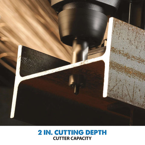 Evolution EVOMAG42 magnetic drilling system mounted on steel with 1-5/8 in drill bit and 2 in cutting depth.