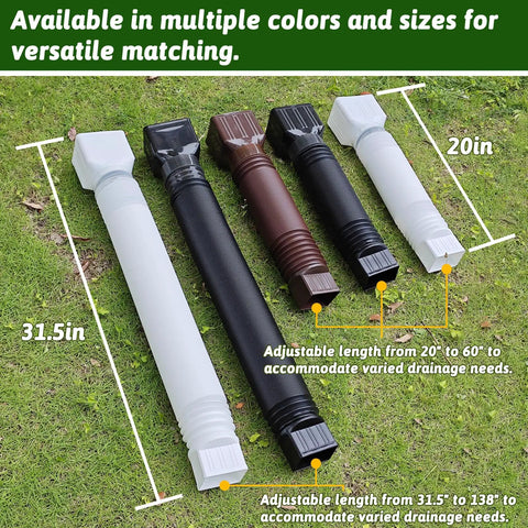 Five assorted gutter downspout extensions showcasing size, design, and color, including 2 Pack Gutter Downspout Extensions 138 Inches With Filter.