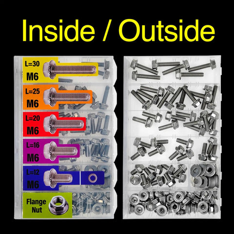 The Real Deal Metric Hex Flanged Bolt Assortment Kit 138 Piece M6 Nuts And Washers 304 Stainless Steel visible in clear organizer.