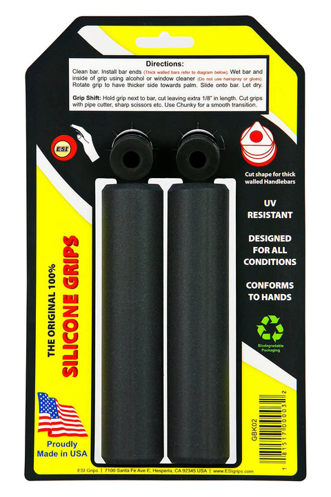 Packaging of Chunky Silicone MTB Grips for Maximum Comfort and Grippy Control on Mountain Biking and E Bike Rides, black color.