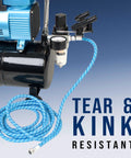 Built Tough 10 Footer Nylon Braided Airbrush Hose With Soft Silicone Core, blue hose connected to air compressor.