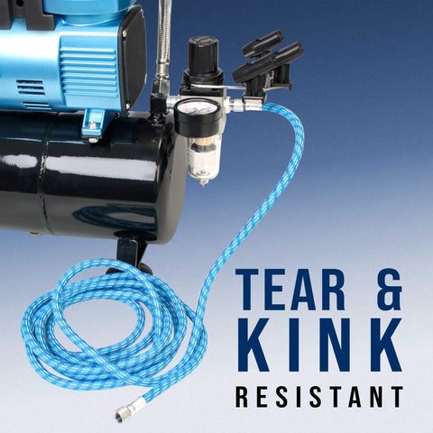 Built Tough 10 Footer Nylon Braided Airbrush Hose With Soft Silicone Core, blue hose connected to air compressor.