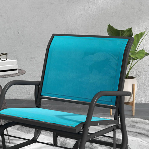 Close-up of Set Of 2 Porch Glider Chairs With Metal Frame Breathable Mesh Curved Armrests High Back For A Smooth Chill Glide in backyard setting.