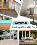 600 Piece Hidden Deck Fasteners For Composite Decking With Plastic Clips, Stainless Steel Screws And Drill Bits, shown with various deck installations