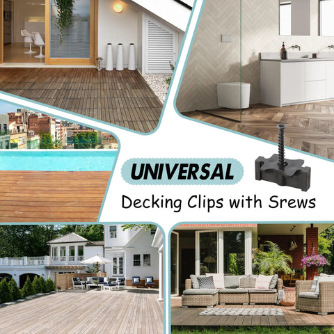 600 Piece Hidden Deck Fasteners For Composite Decking With Plastic Clips, Stainless Steel Screws And Drill Bits, shown with various deck installations