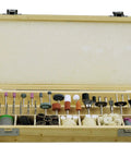 All In One 228 Piece Rotary Tool Accessories Kit For DIYers With One Eighth Inch Shank For Polishing, Grinding, Engraving Includes Sanding Bands, Grinding Stones, Wool Felt Wheels, And Wooden Case RA9228 displayed in open wooden box.