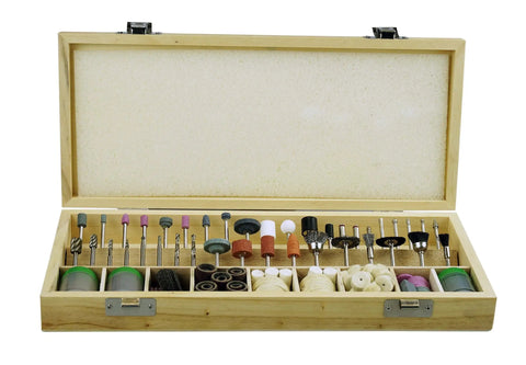 All In One 228 Piece Rotary Tool Accessories Kit For DIYers With One Eighth Inch Shank For Polishing, Grinding, Engraving Includes Sanding Bands, Grinding Stones, Wool Felt Wheels, And Wooden Case RA9228 displayed in open wooden box.