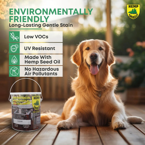 Premium Exterior Wood Stain And Sealer In One Semi Transparent Cedar Color Heavy Duty Formula Tough As Nails With Strong Uv Block For Decks Fences And Siding Built Like A Tank Easy 5 Gallon Pour on a wooden surface with a golden retriever nearby.