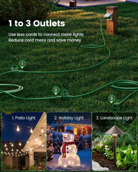 Heavy Duty 25 Foot Outdoor Extension Cord With Triple Waterproof Outlets For Patio Parties And Holiday Displays laid across grass connecting multiple lights.