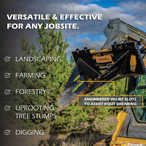 Industrial Grade Stump Bucket Attachment For Skid Steer With Serrated Edge And AR400 Tip Heavy Duty Root Grapple in use