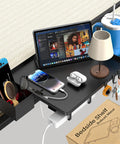 Built Different Solid Carbon Steel Bedside Shelf Clip On Floating Organizer with electronics, lamp, drink, and storage box.