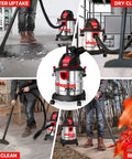 No Sweat 5 Gallon Stainless Steel Wet Dry Vacuum Featuring 4.5 Peak Horsepower Motor for garage cleanup and spill removal.