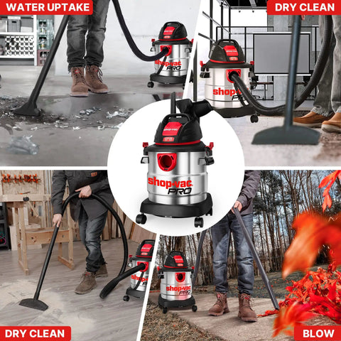 No Sweat 5 Gallon Stainless Steel Wet Dry Vacuum Featuring 4.5 Peak Horsepower Motor for garage cleanup and spill removal.