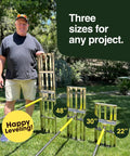Three sizes of lawn leveling rakes with stainless steel ground plates and extra long handles displayed on grass with text 'Three sizes for any project'.