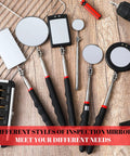 Six Piece LED Telescoping Inspection Mirror Set with Retractable Under Vehicle Mirror Tool displayed on a wooden surface