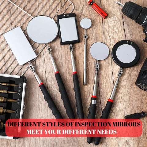 Six Piece LED Telescoping Inspection Mirror Set with Retractable Under Vehicle Mirror Tool displayed on a wooden surface