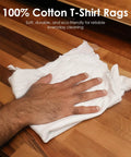 Hand on Bag Of T Shirt Rags White 1Lb Premium 100 Cotton Multipurpose Shop Towels, 18 x 18 Inches Lint Free