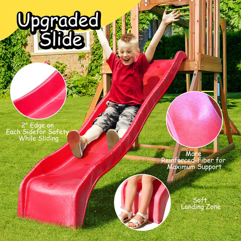 Child sliding down red wave slide on Wooden Backyard Playset With Monkey Bars And Wave Slide For Kids Ages 3 To 6 Includes 2 Belt Swings Climbing Ladder Rock Wall Play Deck And Canopy Roof For Outdoor Fun
