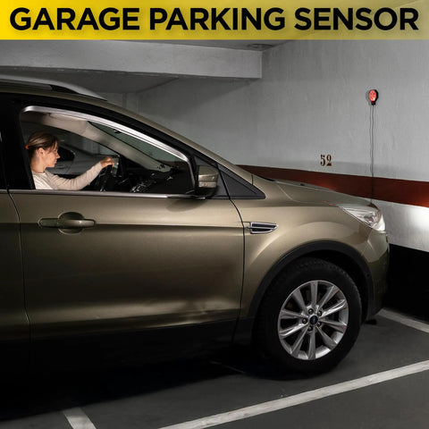 Car parked using Ultrasonic Garage Parking Sensor With LED Indicators Red Yellow Green, No Hassle Real Time Guidance For Perfect Parking, Adjustable Stop Distance From 12 Inches To 6.5 Feet, USB Powered, Plug And Play Wall Mount Setup.
