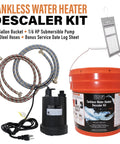 Tankless Water Heater Descaling Flush Kit With Heavy Duty One Sixth Horsepower Pump And Steel Hoses In A Three And A Half Gallon Bucket