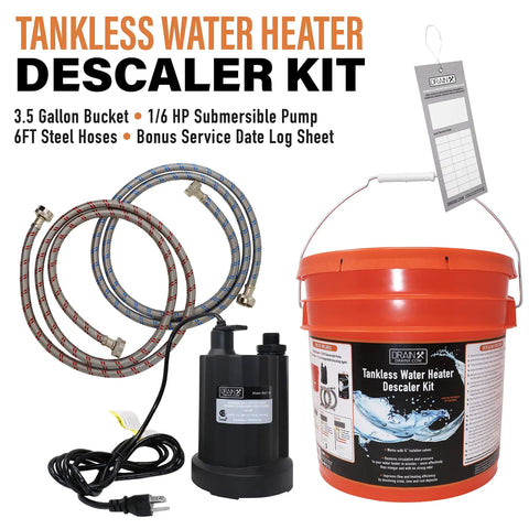 Tankless Water Heater Descaling Flush Kit With Heavy Duty One Sixth Horsepower Pump And Steel Hoses In A Three And A Half Gallon Bucket