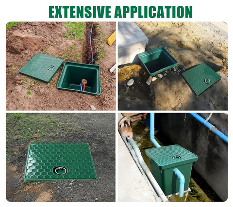 Underground Splice Box With Solid Inspection Cover And Deep Plastic Enclosure For Cable Duct Access Electrical Junctions Drillable Tapered Wiring Box For Fast Pit Access And Quick Install, shown in various installations.