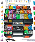 Heavy Duty Straight Up Automotive Fuse Assortment Kit Featuring 1221 Pieces Mini Standard Tall Blade Fuses in organized dual-layer box.