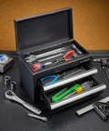 Compact Metal Tool Chest With 2 Drawers And PVC Drawer Liners For Workbench Or Desk, Powder Coated Steel Small Toolbox displayed with tools