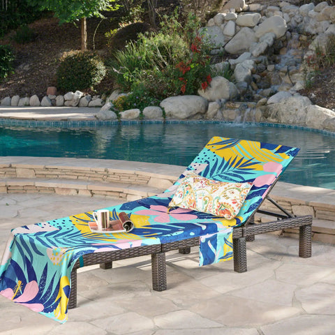Beach Lounge Chair Towel Cover With Side Pockets, Ultra Soft Microfiber And Terry Cloth, 80 By 26 Inches, Palm Leaves Pattern