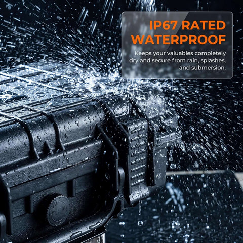 Rugged IP67 Waterproof Dry Box To Keep Your Cameras And Action Gear Toast From Water Hits Featuring Adjustable Foam Pad Inserts and Heavy Duty Seals In Matte Black Finish with water splashes.