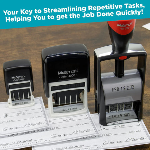 Built Tough Self Inking Date Stamp With Bright Red Ink and Big Bold Four Millimeter Dates shown on check documents.