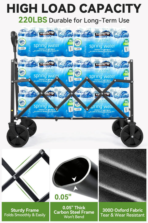 Heavy Duty Folding Wagon Cart With Wheels carrying water, showcasing sturdy frame and 220 lb capacity, outdoor hauling utility.