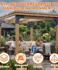 Group of people sitting under pergola with 4 Pack Pergola Bracket Kit Sets, 2-Way L Shaped Corner Brackets For 3.5 By 3.5 Inch Wood Posts in rain