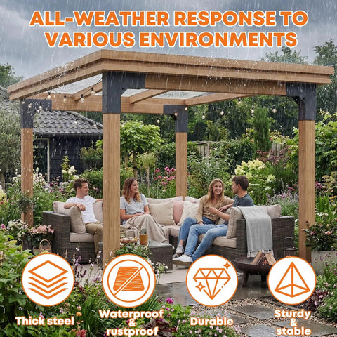 Group of people sitting under pergola with 4 Pack Pergola Bracket Kit Sets, 2-Way L Shaped Corner Brackets For 3.5 By 3.5 Inch Wood Posts in rain