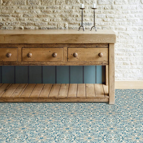 Fontaine Peel And Stick Floor Tiles In Blue Easy Installation No Grout Needed Water Resistant Virgin Vinyl Tiles in room