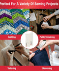 Stitch Gauge And Guide For Sewing Enthusiasts, Seam Measuring Tool For Machine Sewing, Pre Drilled Holes For One Eighth To One Inch Seam Allowances, Reusable Adhesive Guide For Precise Hems And Seams displayed with quilting, patternmaking, tailoring, and hemming applications.