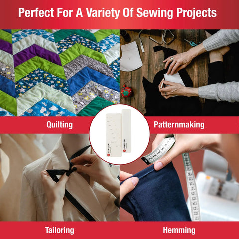 Stitch Gauge And Guide For Sewing Enthusiasts, Seam Measuring Tool For Machine Sewing, Pre Drilled Holes For One Eighth To One Inch Seam Allowances, Reusable Adhesive Guide For Precise Hems And Seams displayed with quilting, patternmaking, tailoring, and hemming applications.