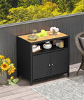 Outdoor Rattan Storage Cabinet With Acacia Wood Countertop Weatherproof Two Door Wicker Sideboard Open Shelf For Quick Access Outdoor Bar Station For Patio Garden Or Poolside Use Black with items on top and open shelf