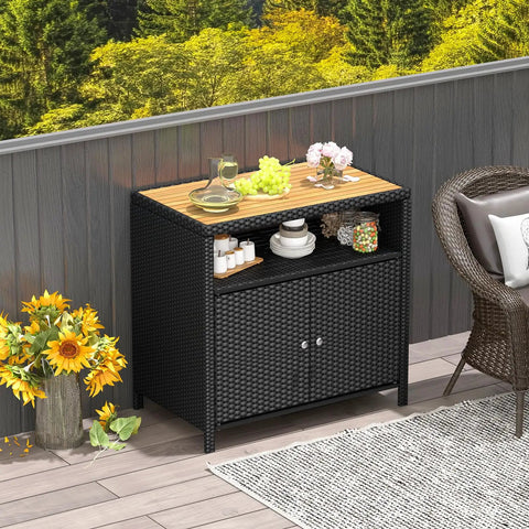 Outdoor Rattan Storage Cabinet With Acacia Wood Countertop Weatherproof Two Door Wicker Sideboard Open Shelf For Quick Access Outdoor Bar Station For Patio Garden Or Poolside Use Black with items on top and open shelf