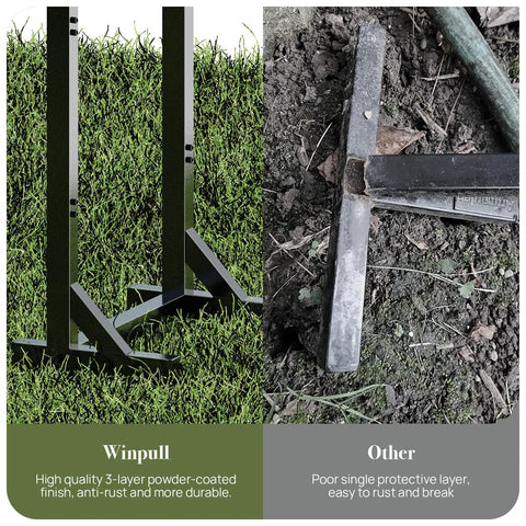 Beefy Freestanding Metal Hose Holder Stand With 4 Anchor Points And 6 Hooks; durable powder-coated finish vs. competitor