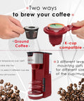 Red Single Serve Coffee Maker With 2 In 1 Brew Pod Or Ground Coffee Five Brew Sizes Up To 14 Oz shown with pod and ground options