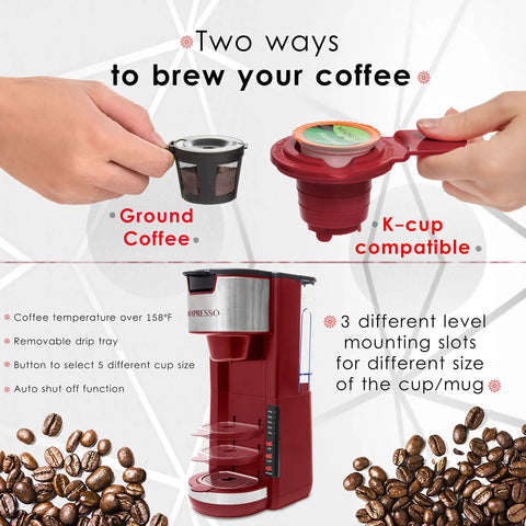 Red Single Serve Coffee Maker With 2 In 1 Brew Pod Or Ground Coffee Five Brew Sizes Up To 14 Oz shown with pod and ground options