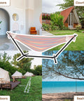 Heavy Duty Steel Hammock Stand With Adjustable Height For 9 Foot Hammocks in various settings, supports up to 450 pounds