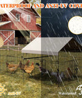 Heavy Duty Metal Chicken Coop With Waterproof And Anti UV Cover showing chickens in rain, barn in background