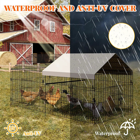 Heavy Duty Metal Chicken Coop With Waterproof And Anti UV Cover showing chickens in rain, barn in background