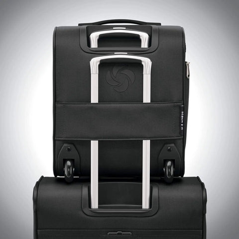 Rear view of Solyte DLX Softside Underseat Luggage With Smart Sleeve, Right Height Pull System, Inline Skate Wheels, Midnight Black