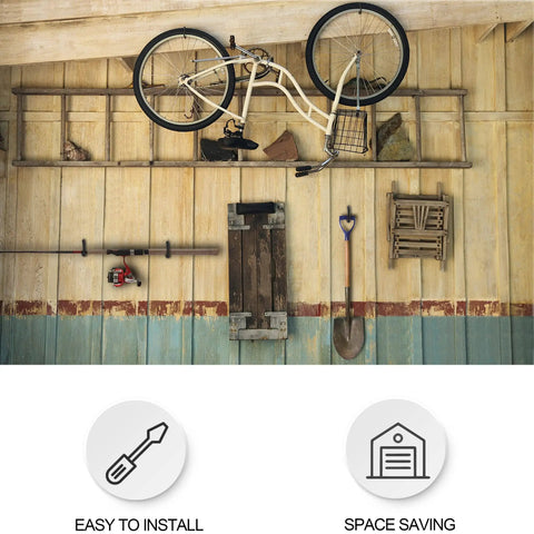 Road Bike Hooks For Garage Walls And Ceilings Heavy Duty Bicycle Hangers For Safe Space Saving Bike Storage No Drill Large Ceiling Hooks For Hanging Bikes And Plants Wall And Ceiling Mount Options mounted on a garage ceiling holding a bicycle.