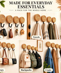 Four Pack Slick Boho Wall Hooks Decorative Wide Opening Coat Rack For Towels Backpacks And Purses With Rock Solid Screw Mount Heavy Duty home storage showcasing towels, keys, purses, and bags.