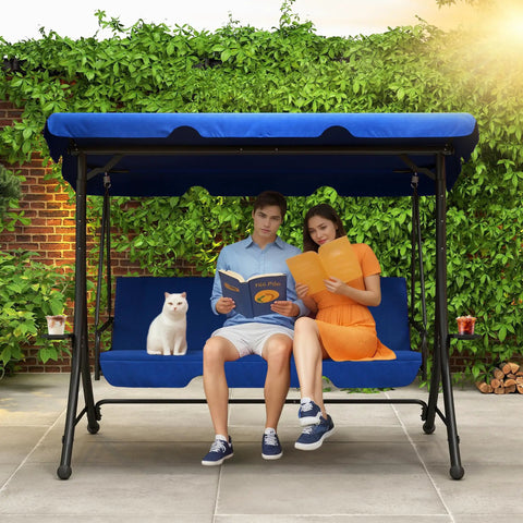 Cozy Three Seat Patio Swing With Adjustable Canopy And Built In Side Tables, Outdoor Porch Glider With Stand For Adults, 2 In 1 Convertible Swing Chair For Patio Garden Or Backyard, Blue showcasing a couple and a cat seated outdoors under the canopy.